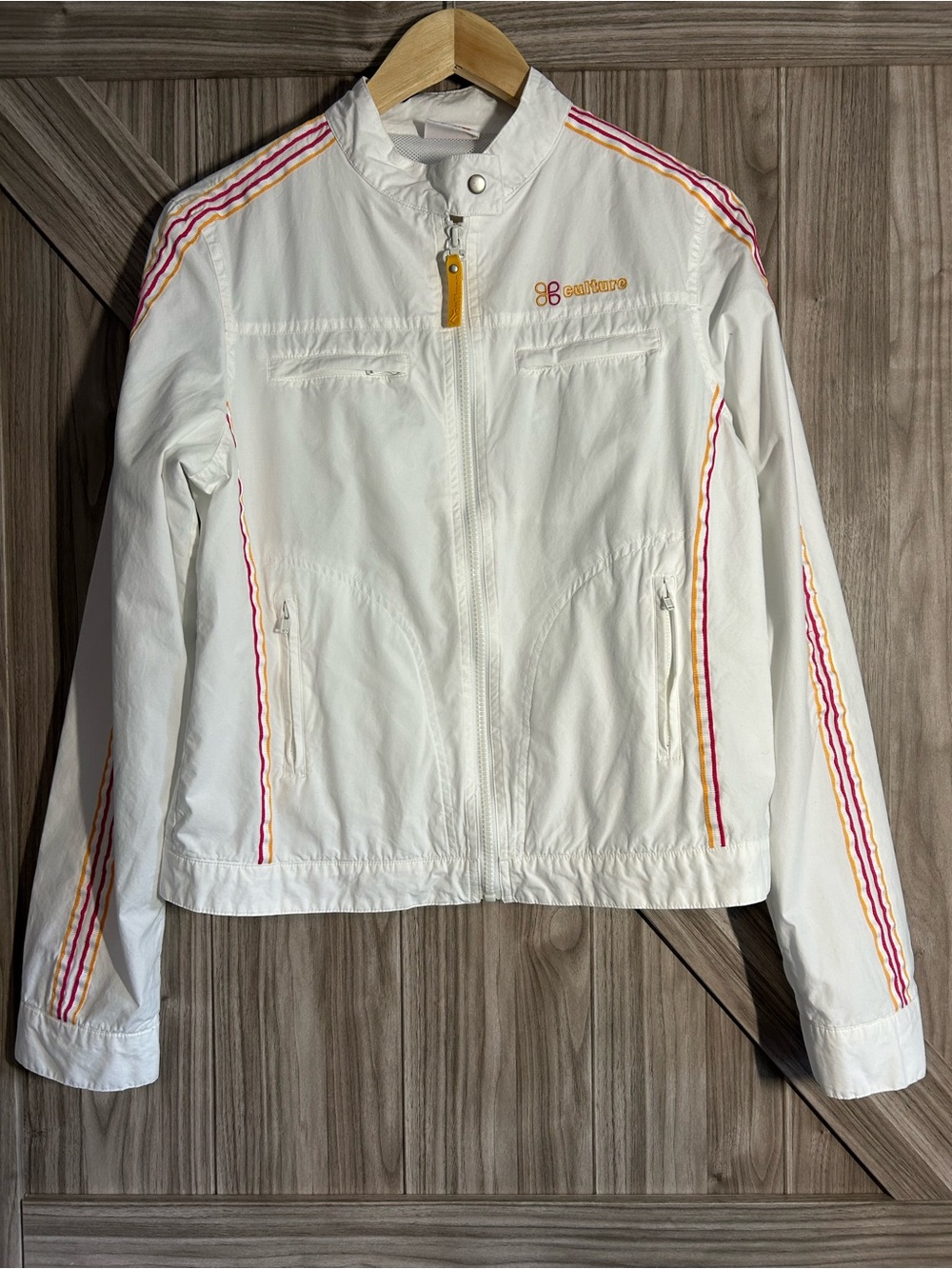 Vintage Y2K Bershka Culture White Retro Striped Windbreaker Track Jacket 30 XXS